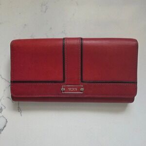 Tumi Red Leather Continental Wallet Clutch RFID Lock Black Trim Snap Closure
